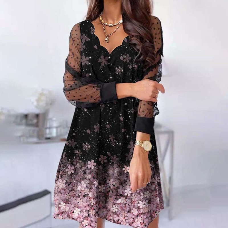Vestido casual de encaje con cuello en V y manga larga