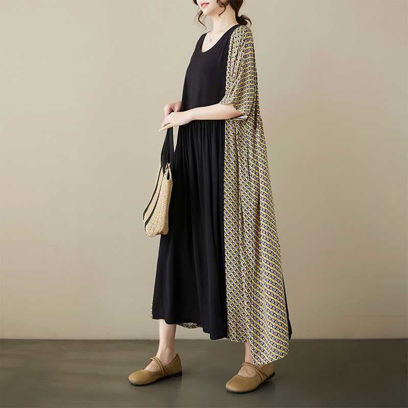 Vestido largo talla grande con cuello redondo y mangas largas