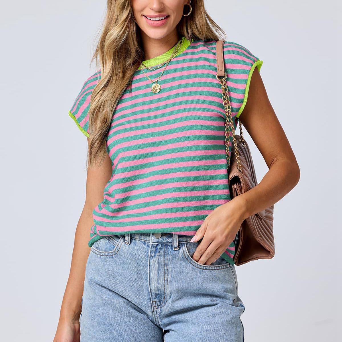 Suéter fino de rayas con contraste para mujer