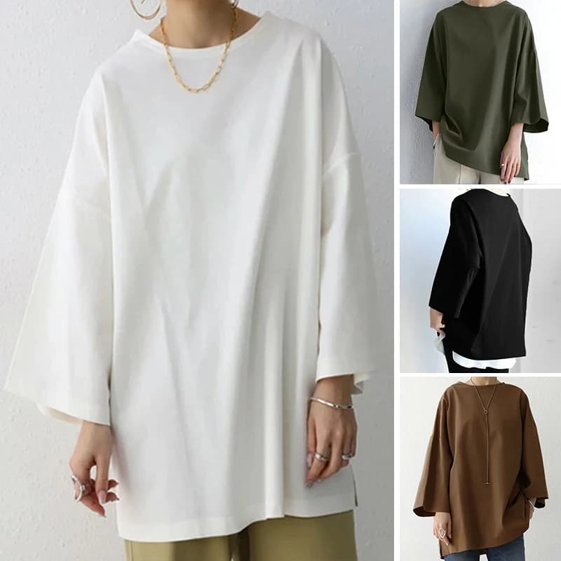 Blusa larga de manga larga cuello redondo, color sólido