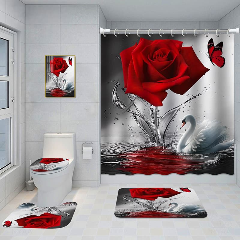 Juego de baño con cortina impermeable y tapetes