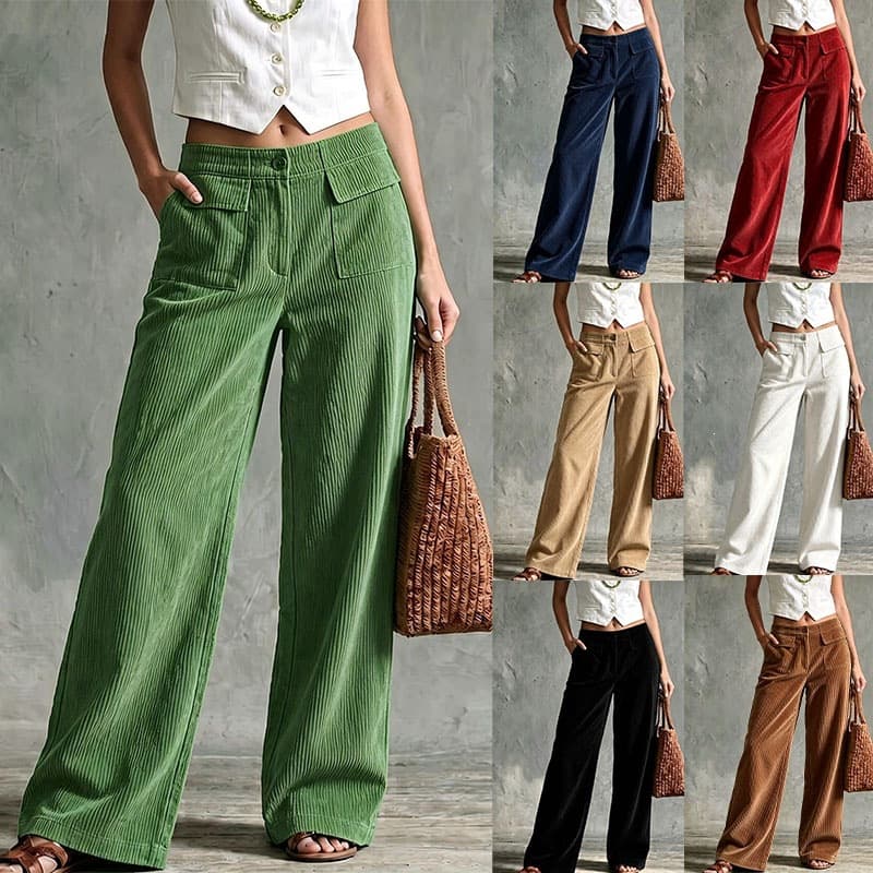Pantalones de pana retro con talle alto y doble bolsillo