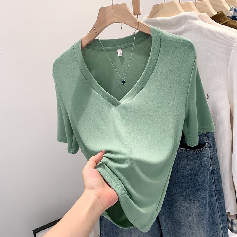 Camiseta cuello en V manga corta para mujer