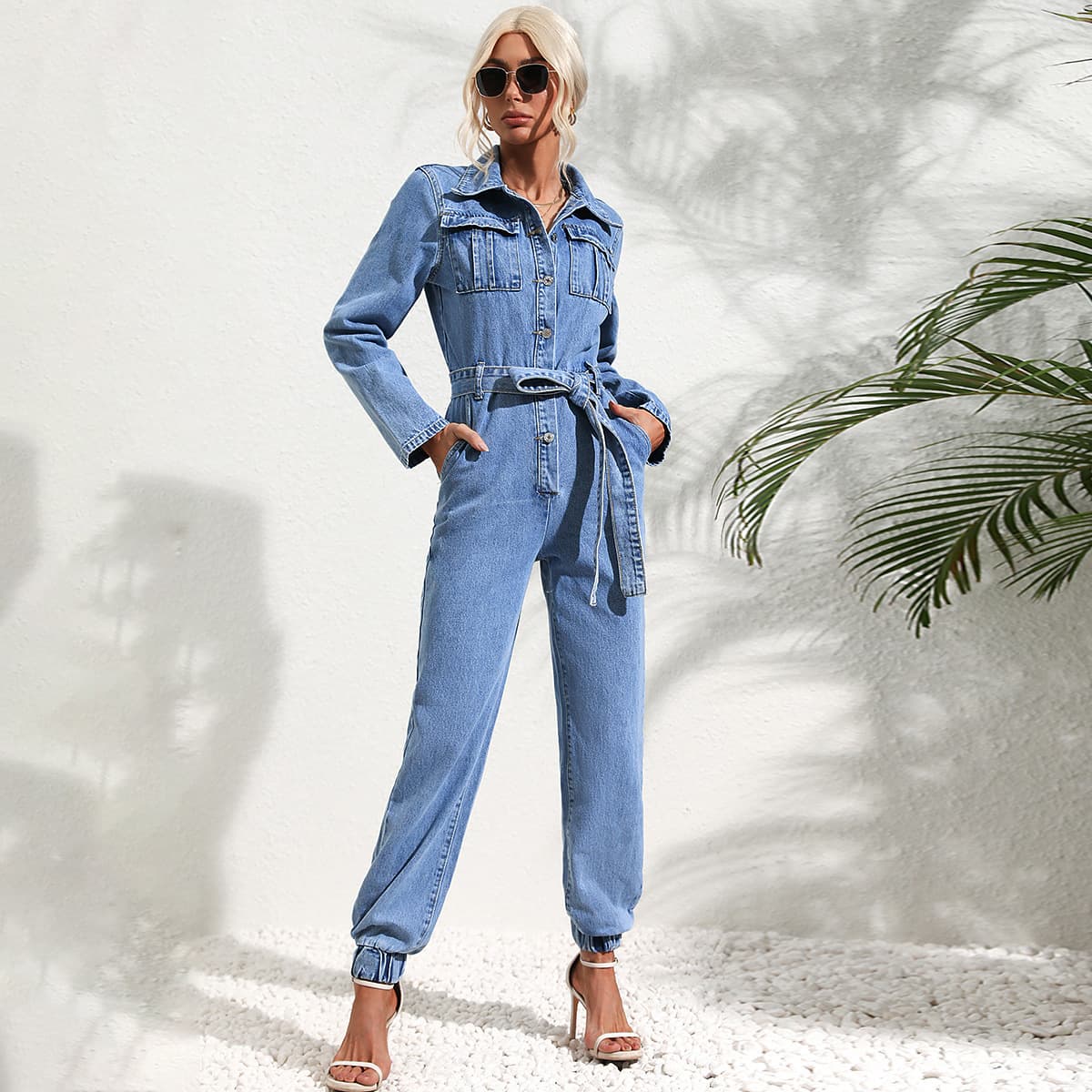 Jumpsuit mujer tela ligera, manga larga casual