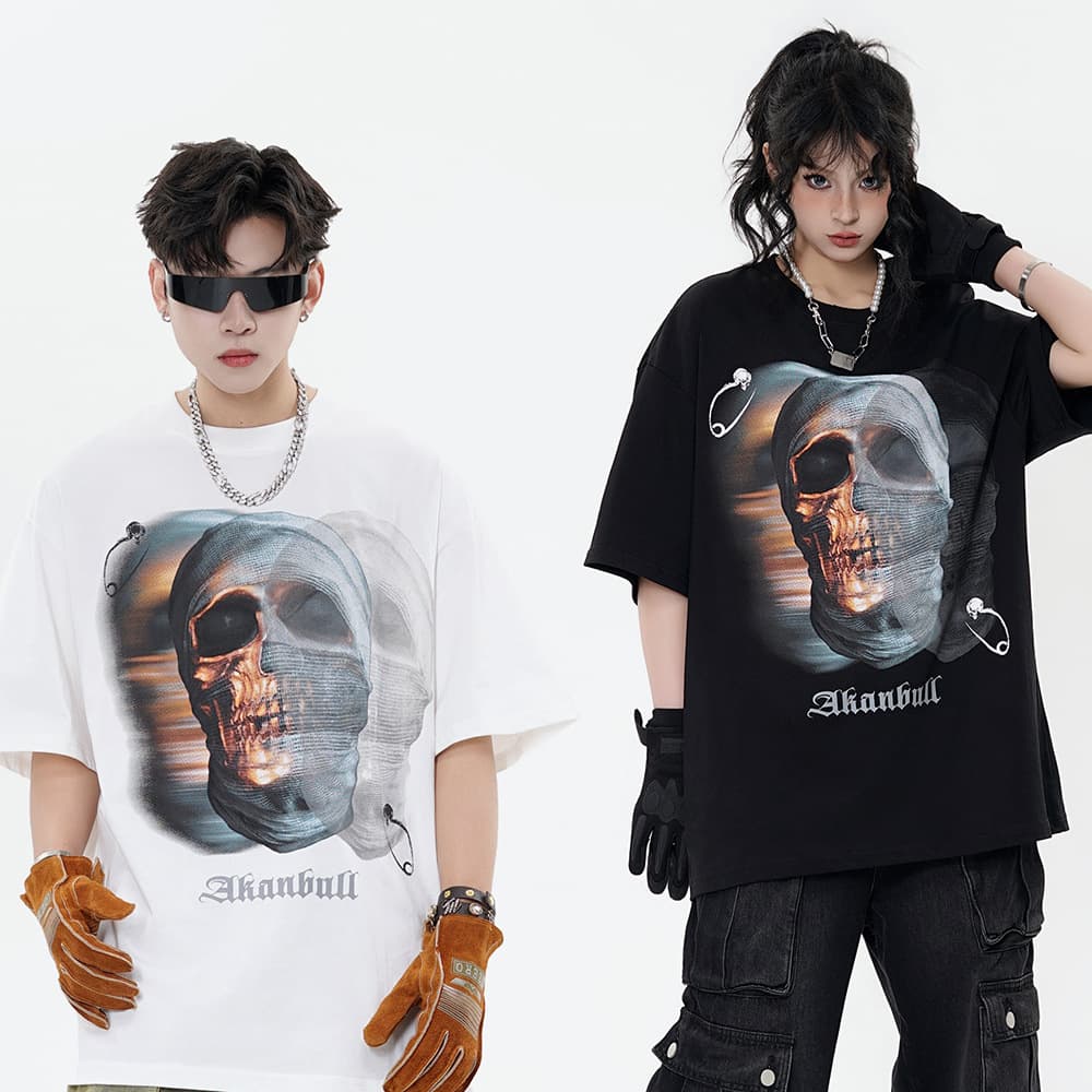 Camiseta con estampado de calavera, manga corta para hombre y mujer