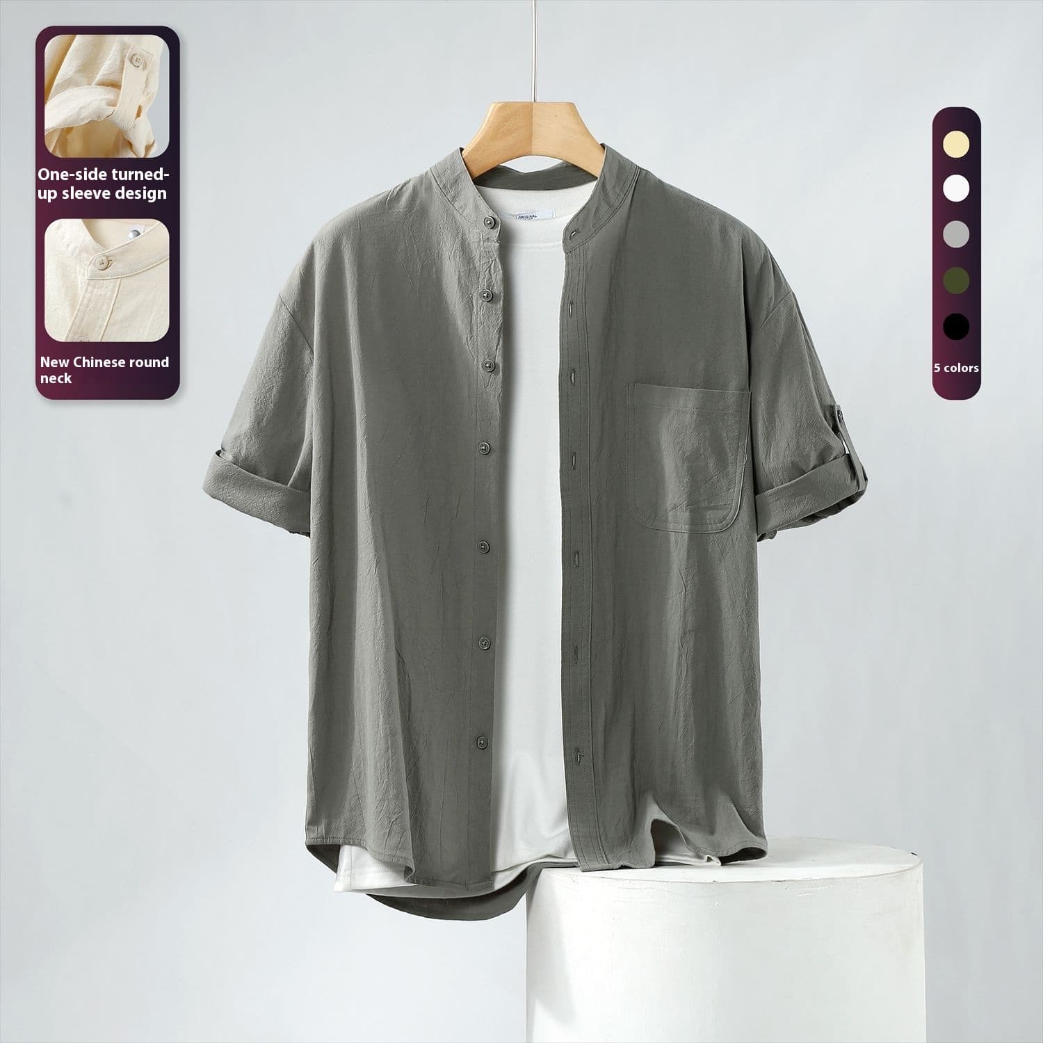 Camisa de algodón y lino con cuello parado estilo chino