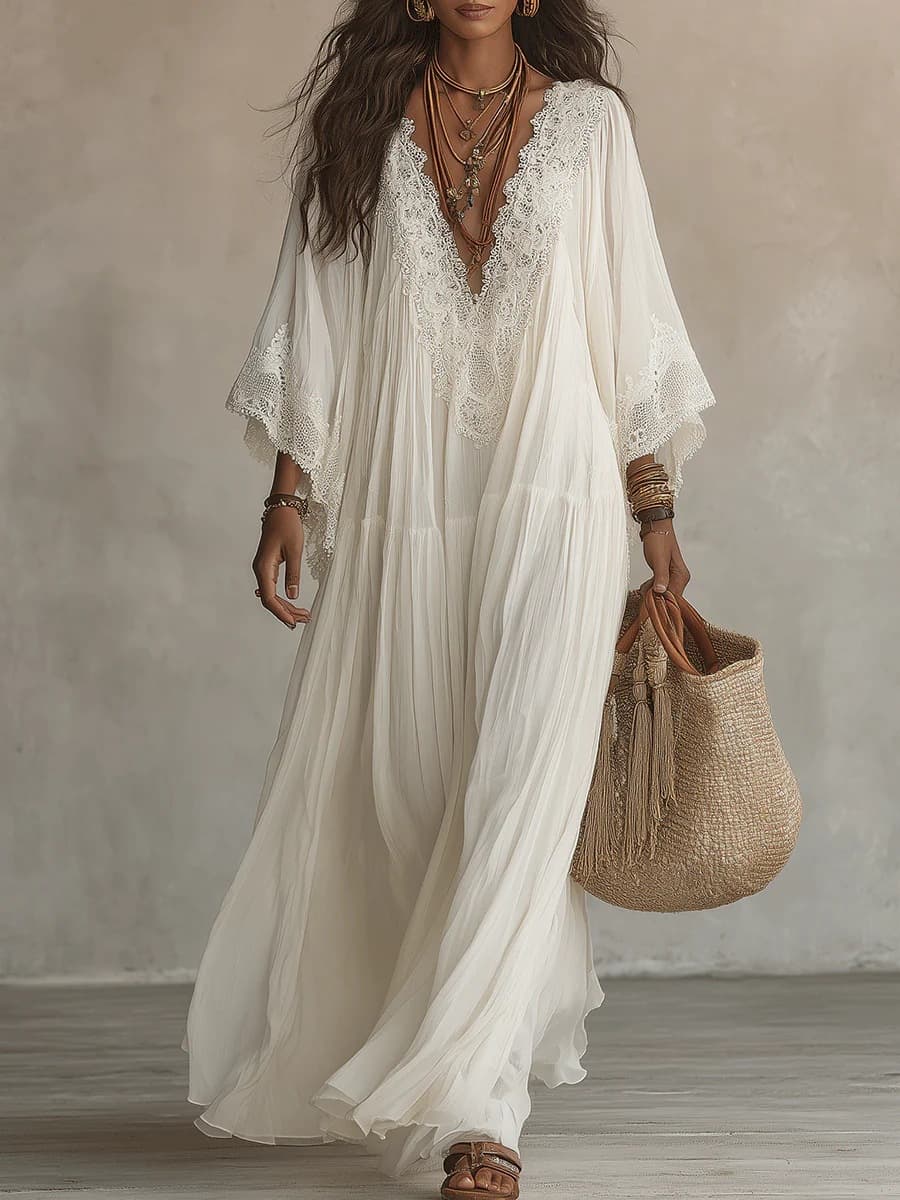 Vestido largo elegante con encaje cuello en V