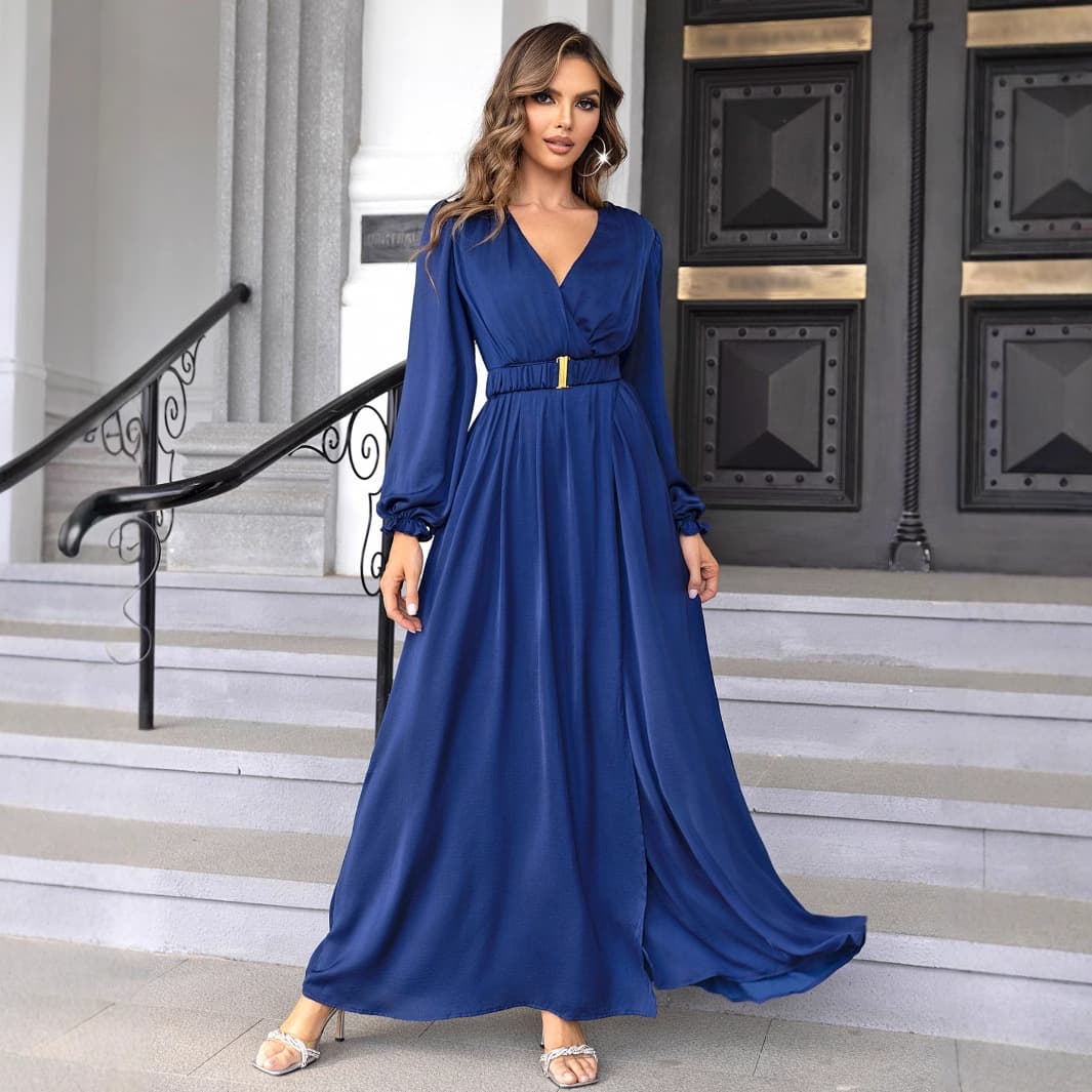 Vestido de noche de chifón con escote en V y lentejuelas