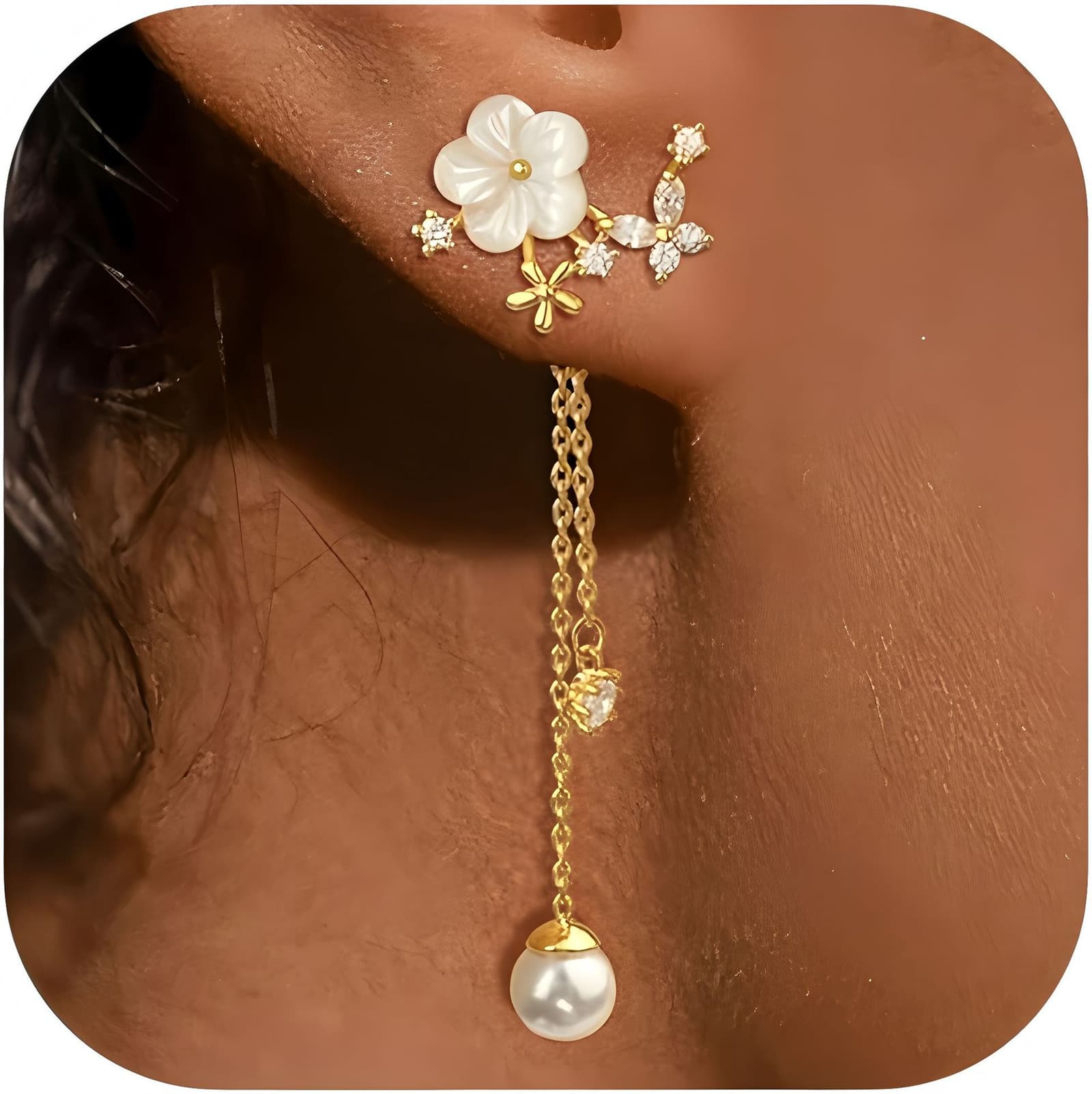 Aretes de perla cadena larga estilo lujo