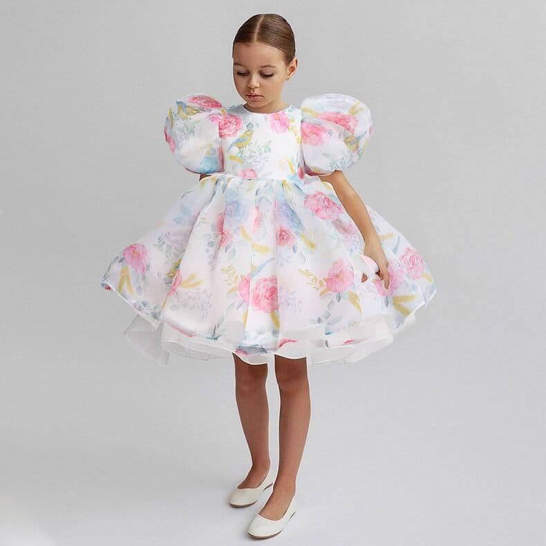 Vestido infantil tutú de malla con flores