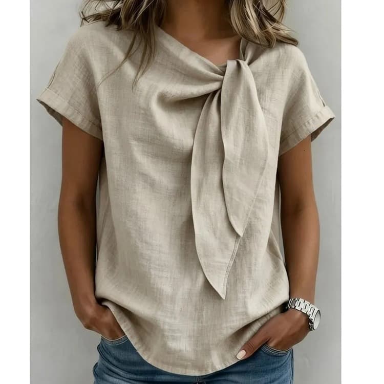 Camiseta de algodón y lino para mujer, manga corta y estilo casual