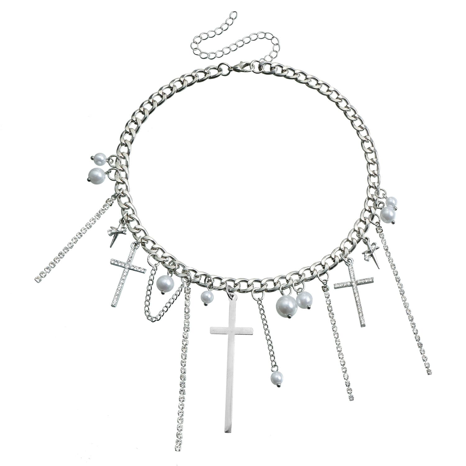 Collar de clavícula con cruz y perla en forma de borla