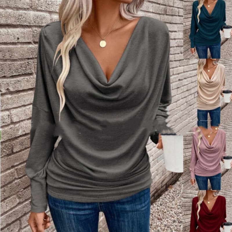 Polera de cuello en V de algodón tejida para mujer