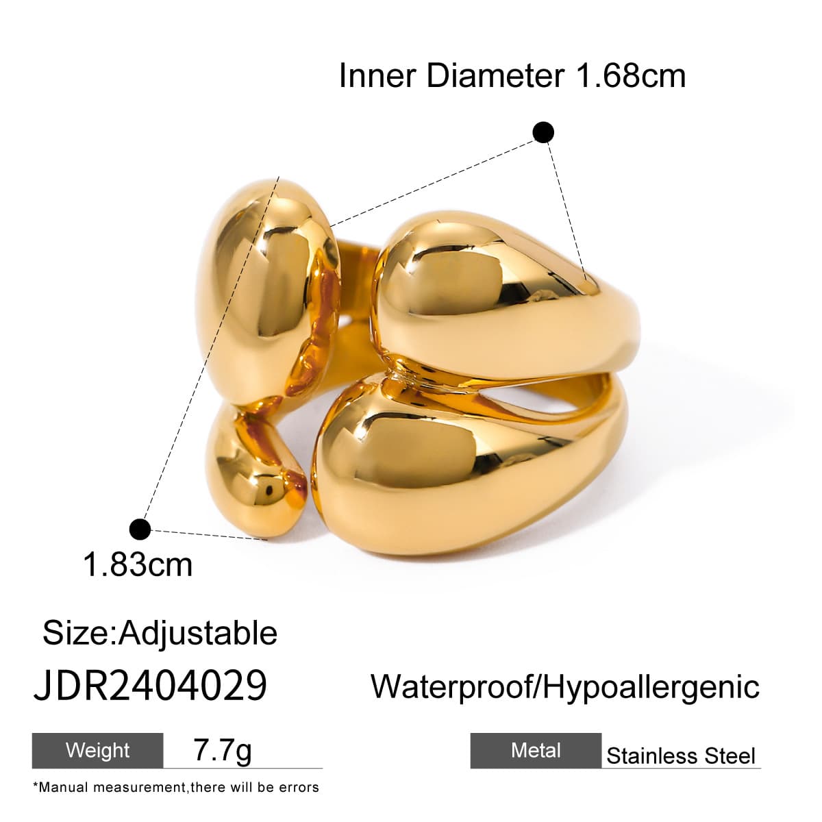 Anillo de acero inoxidable dorado irregular