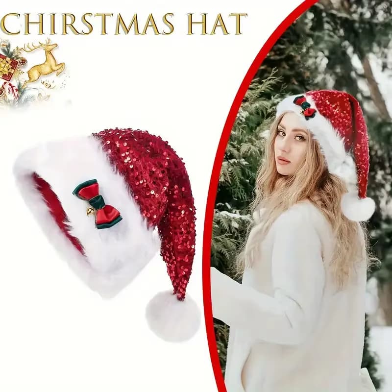 Gorro navideño con lentejuelas rojas y moño