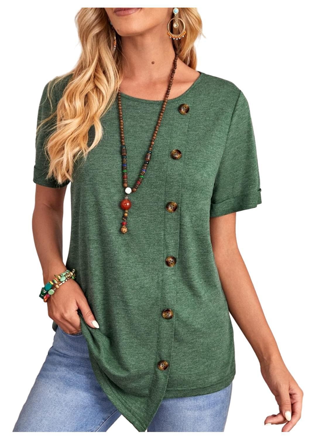 Camiseta de cuello redondo con botones y bajo irregular