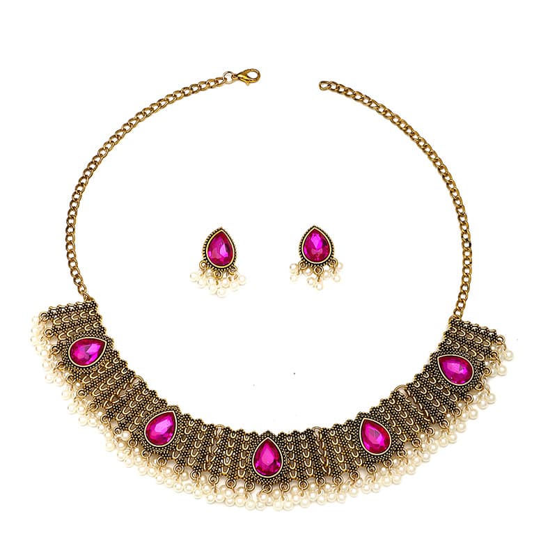 Conjunto retro estilo indio de collar y aretes con perlas