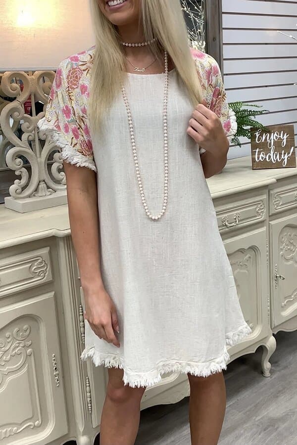 Vestido floral de algodón y lino con manga corta