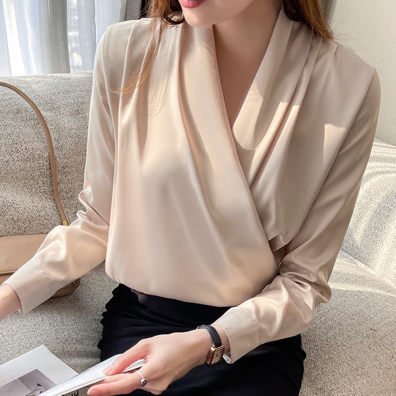 Blusa de satén y chifón primavera otoño manga larga