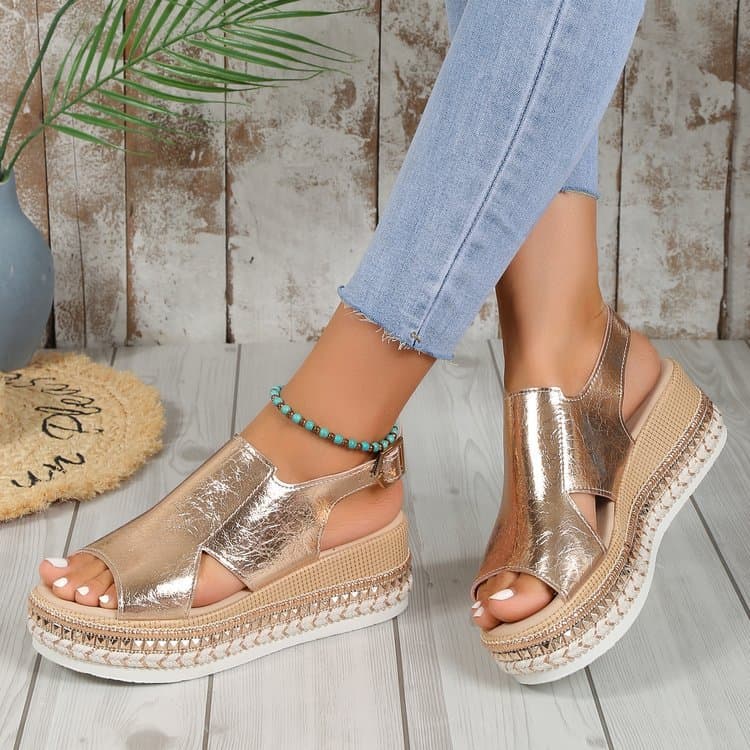 Sandalias de verano con diseño hueco y punta abierta, cuña con hebilla