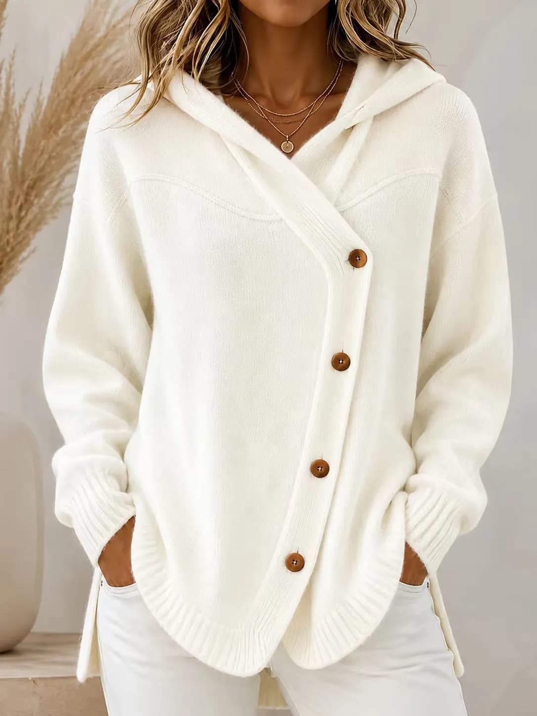Cardigan tejido con capucha y botones para mujer