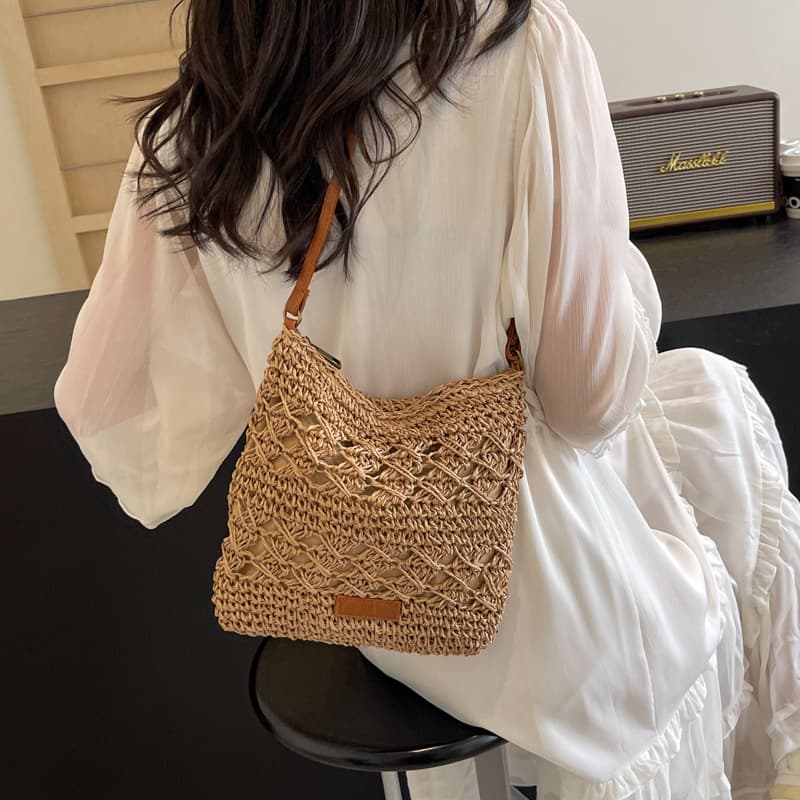 Bolsa cubo de paja tejida con gran capacidad para mujer
