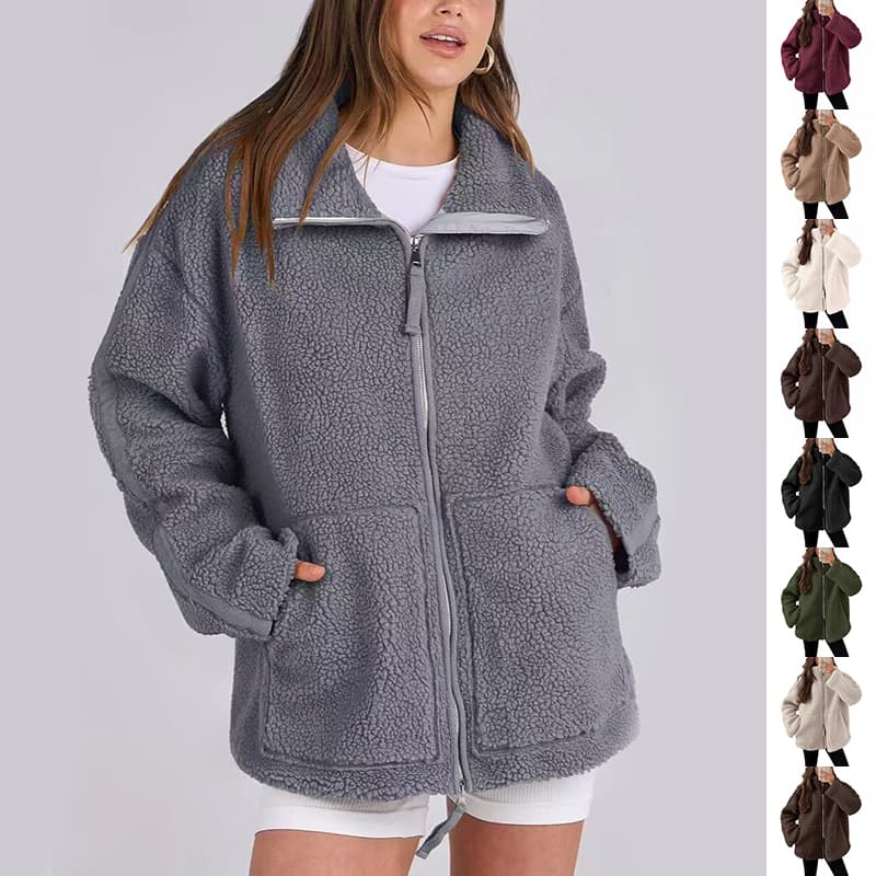 Abrigo casual de lana polar con solapa y cremallera