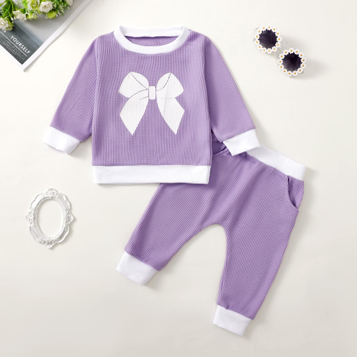 Conjunto de suéter estampado de punto para niña