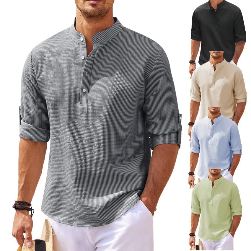 Camisa hombre textura piña cuello parado