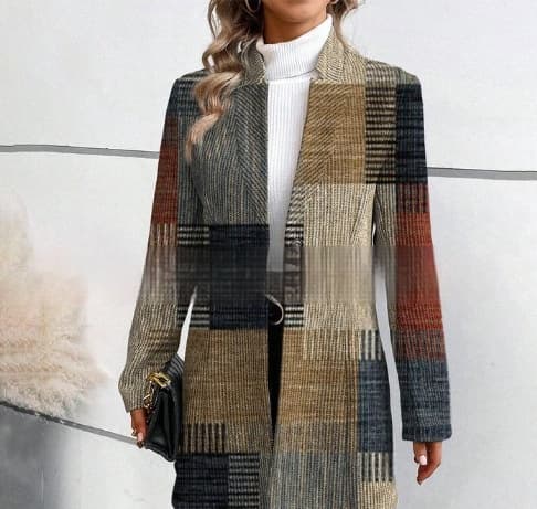 Abrigo trench estampado, cuello de pie y largo medio