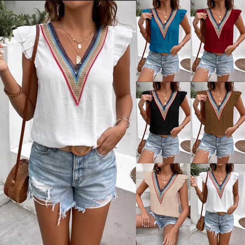Blusa vintage mujer escote V profundo con encaje calado