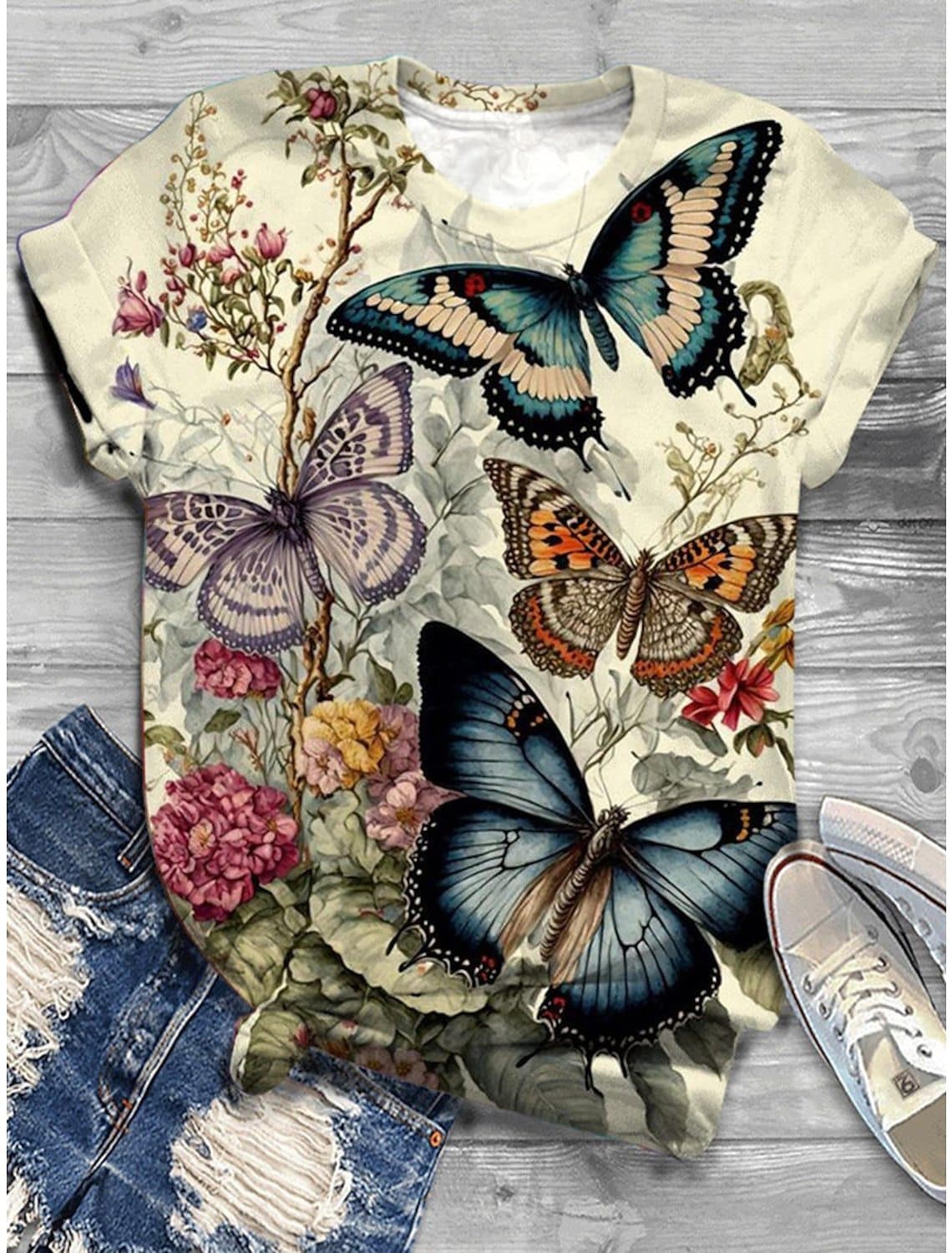 Camiseta estampado 3D manga corta mujer