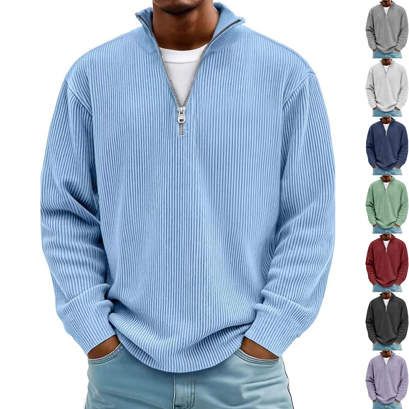 Sudadera de pana para hombre con cuello de pie y cremallera