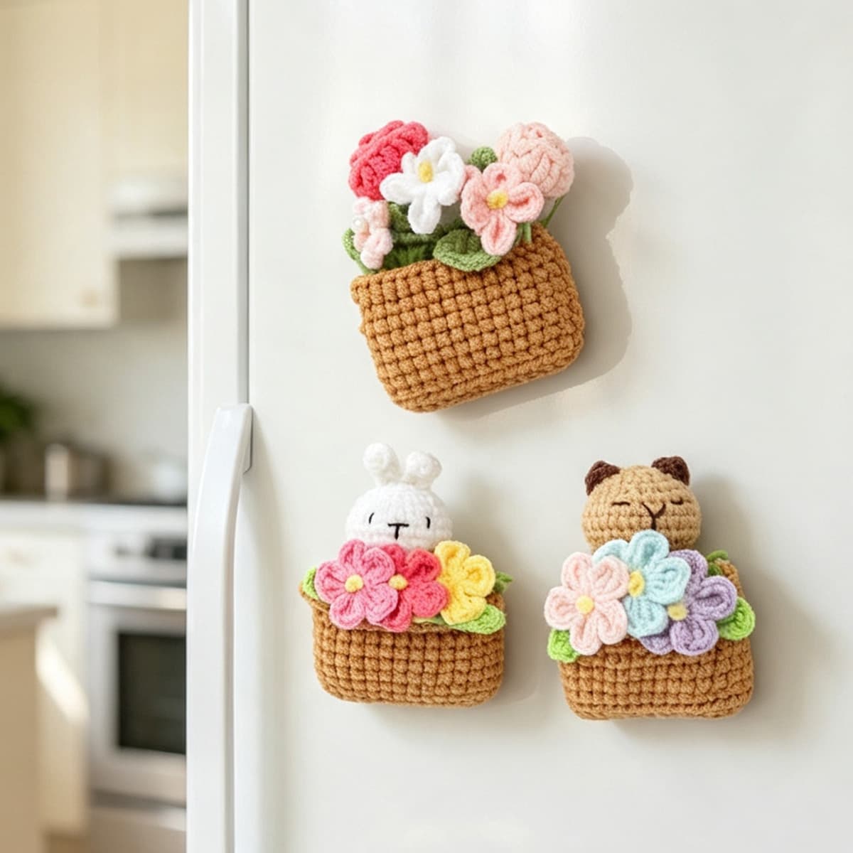Conjunto de adornos tejidos a crochet con conejito