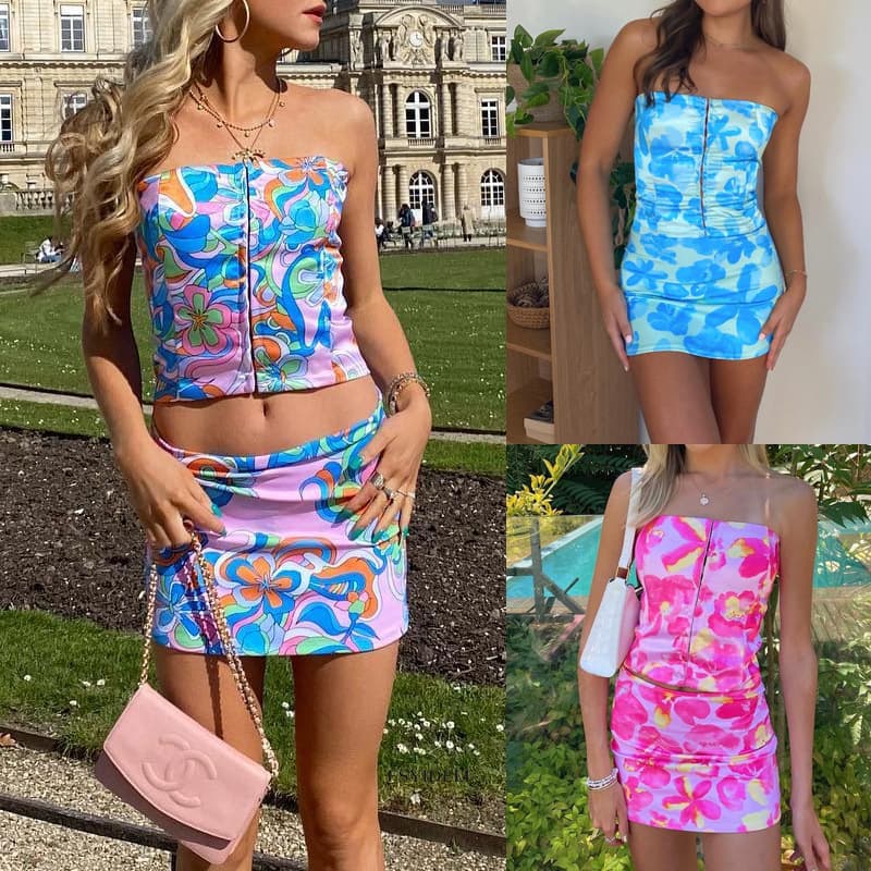 Conjunto de top tubo y falda ajustada de cintura estampada