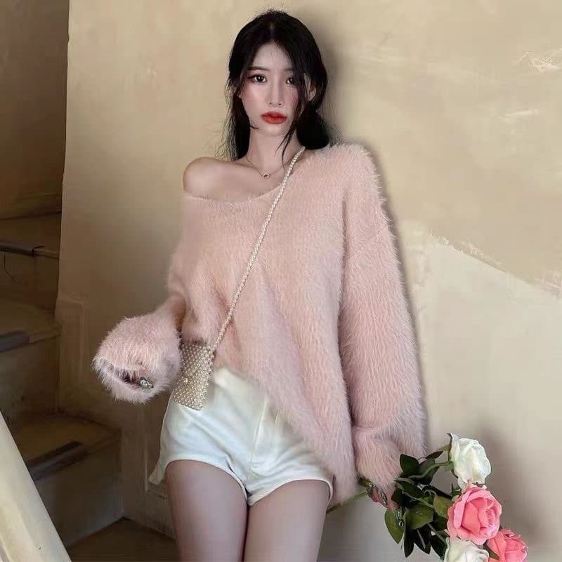 Suéter pullover cuello V para mujer, largo medio