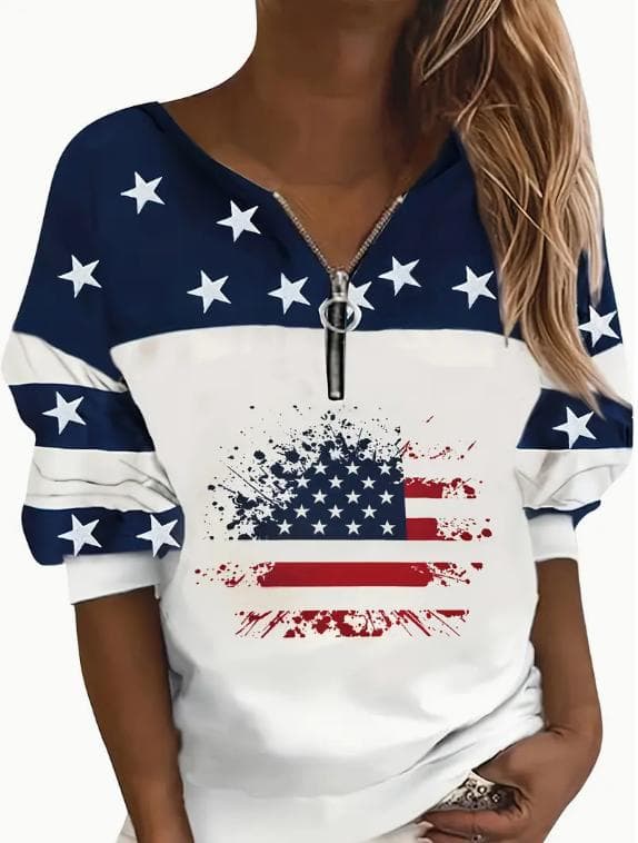 Sudadera casual con media cremallera y estampado de bandera