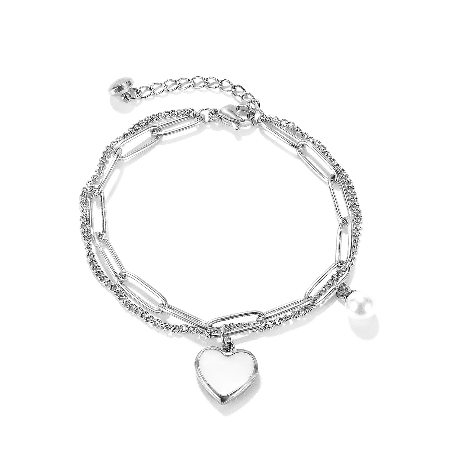 Pulsera de acero con corazón de durazno y perla