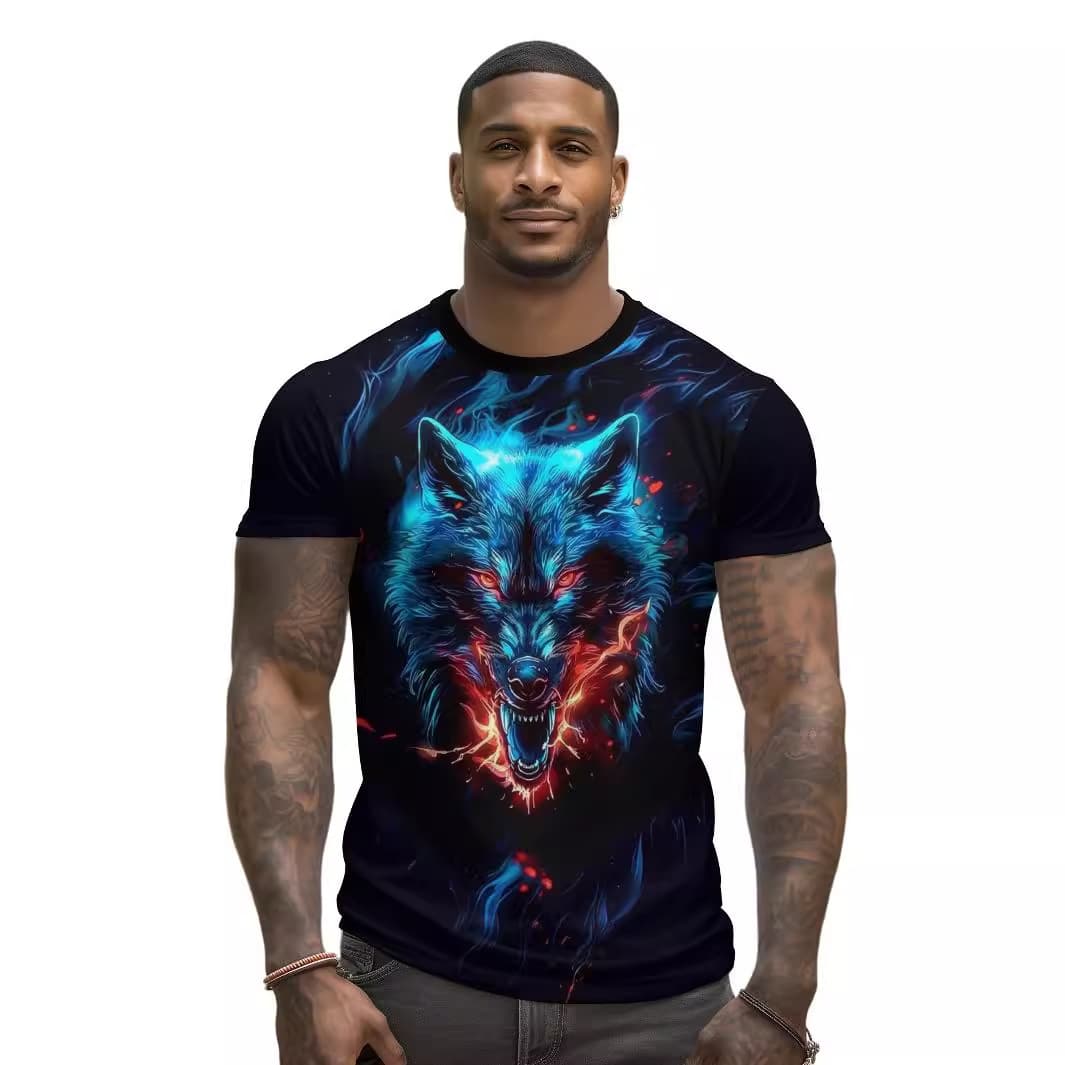 Camiseta manga corta 3D lobo holgada para hombre