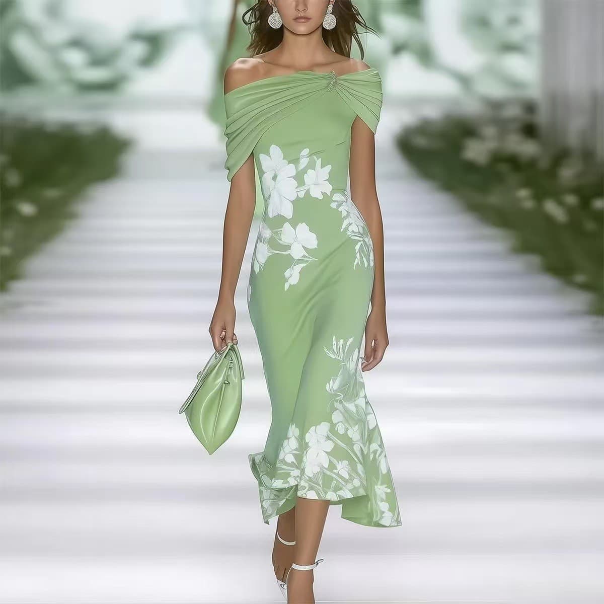 Vestido ajustado estampado sin hombros, elegante y moderno