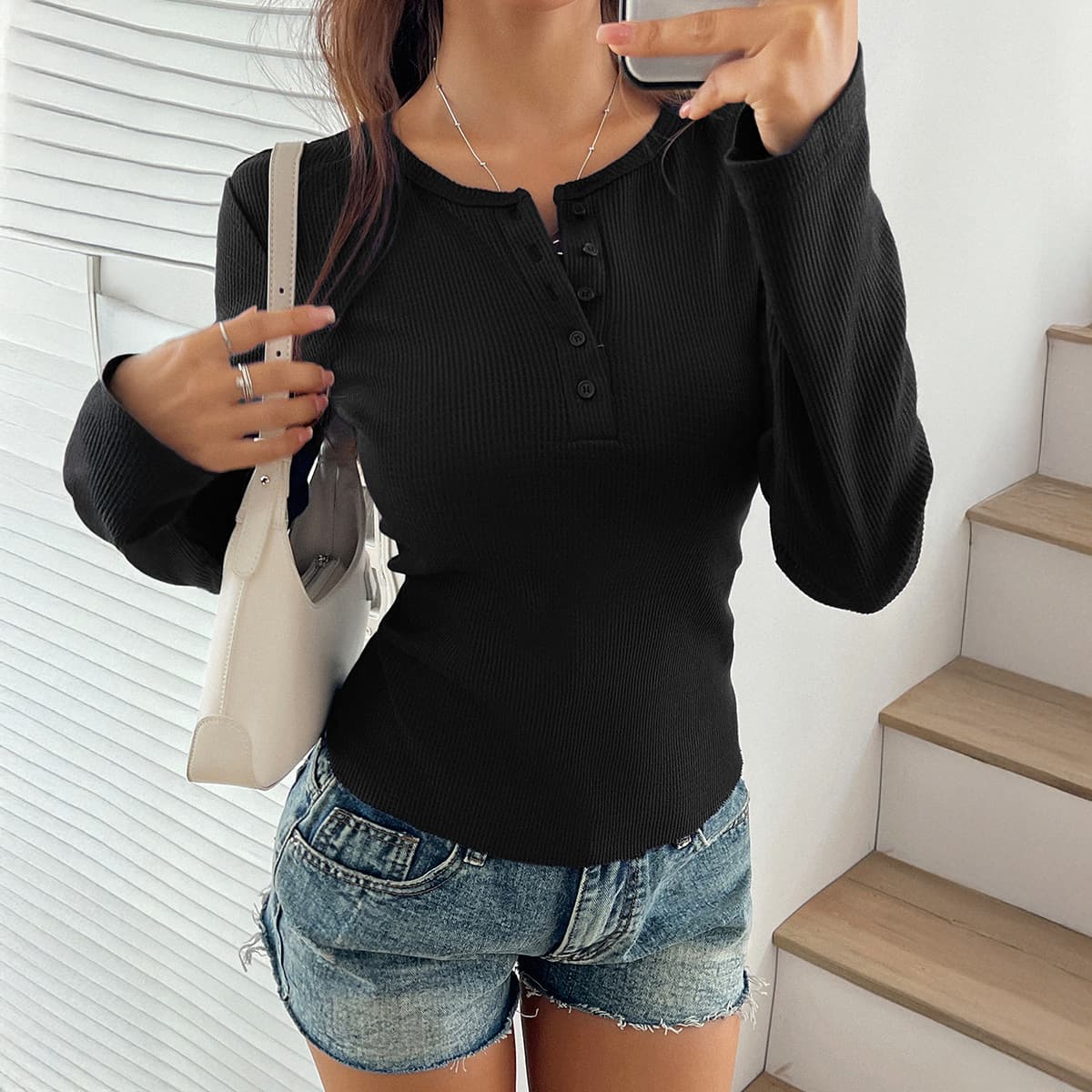 Camiseta casual de cuello redondo manga larga para mujer