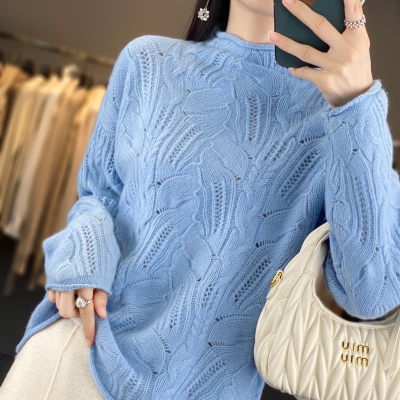 Suéter cuello alto tejido hueco para otoño invierno