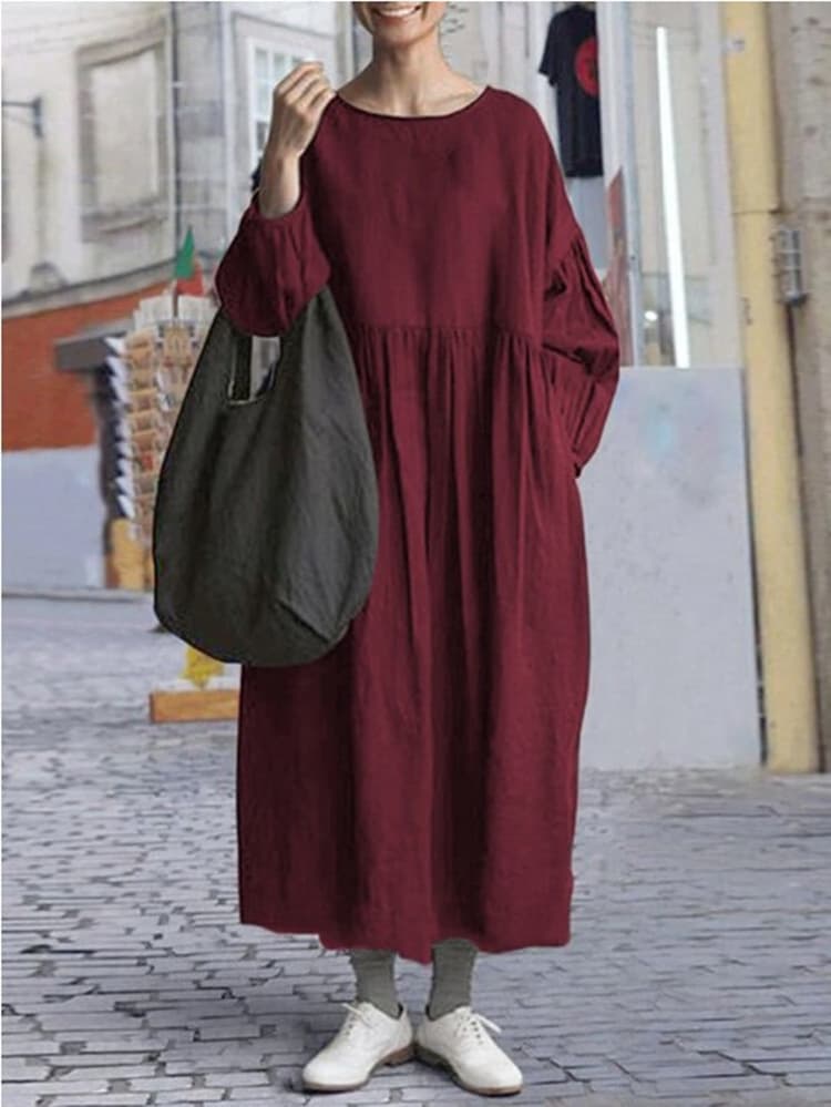 Vestido patchwork de algodón-lino, manga larga y cuello redondo