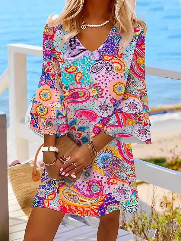 Vestido con escote en V y mangas con volantes florales