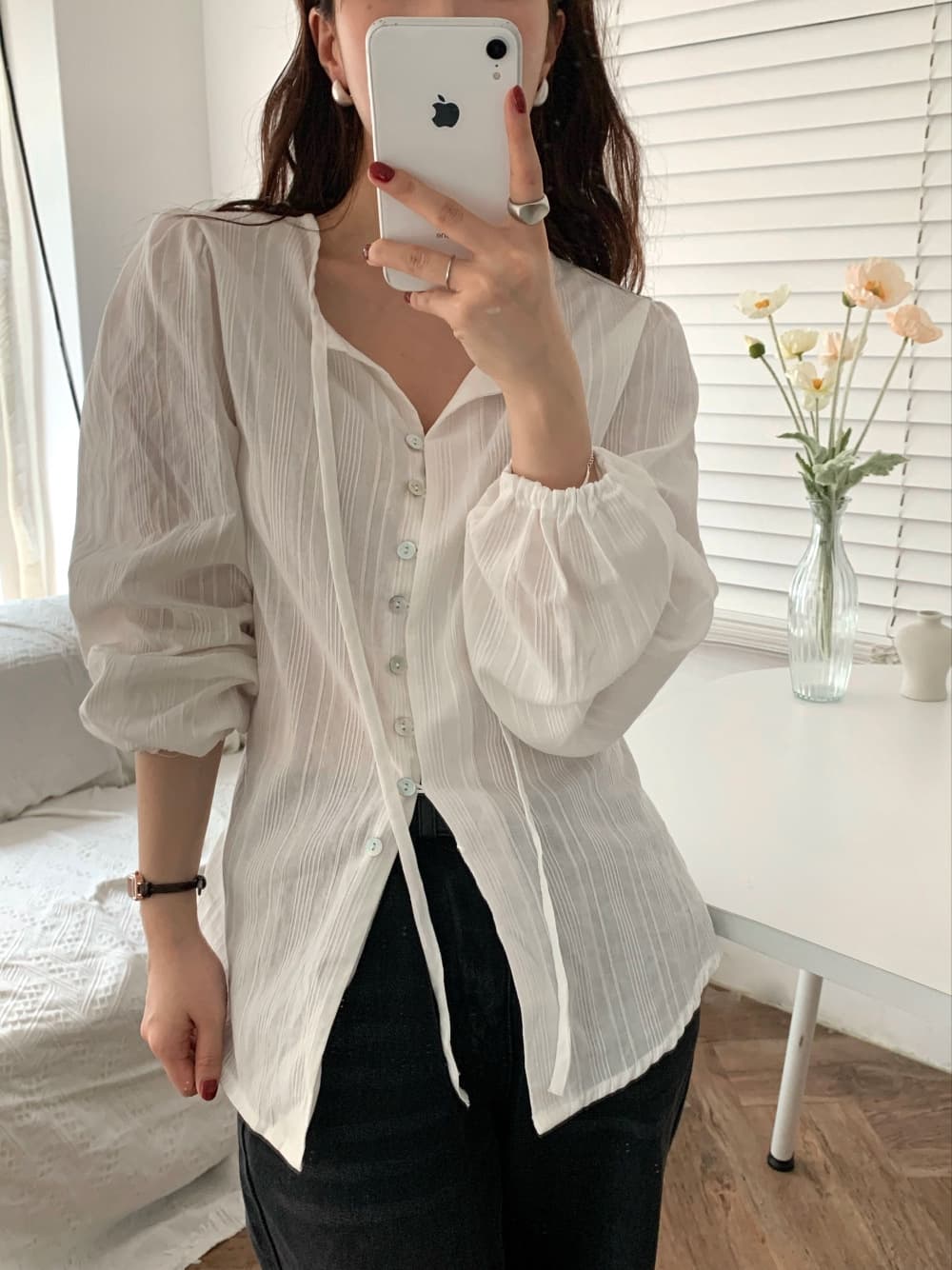 Camisa manga larga estilo coreano con rayas y mangas puff