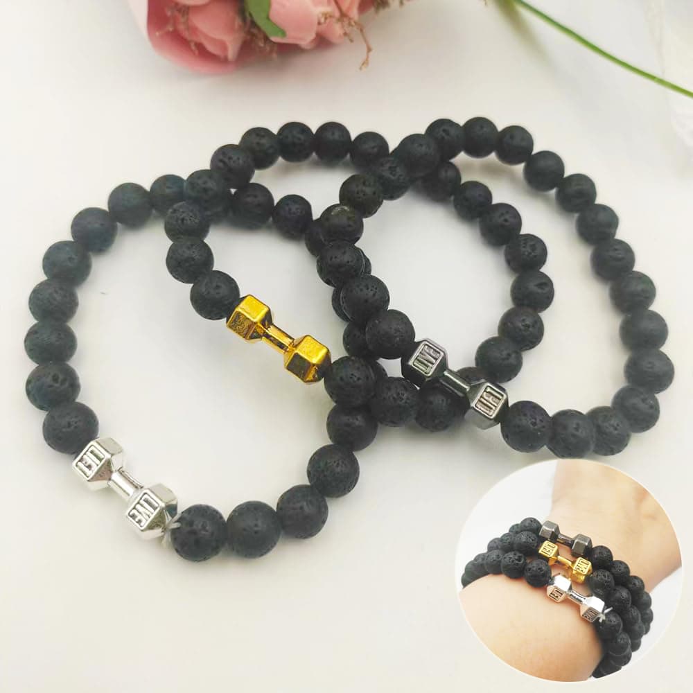 Pulsera de mancuerna con piedra volcánica negra elástica