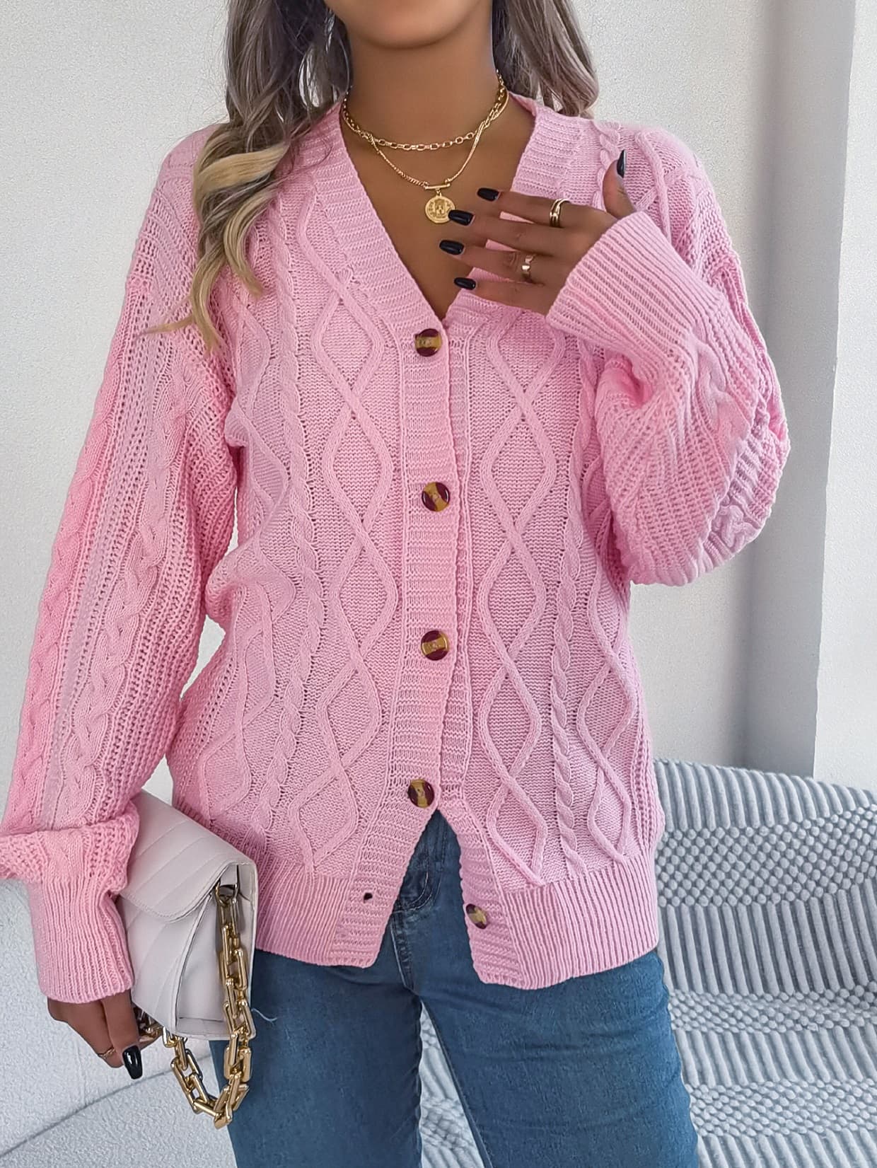 Cardigan casual cuello v manga globo tejido cable para mujer