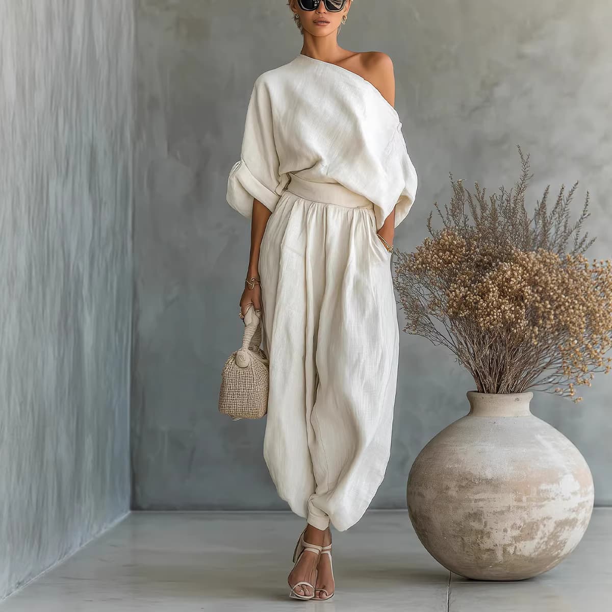 Conjunto de blusa suelta y pantalón linterna algodón y lino