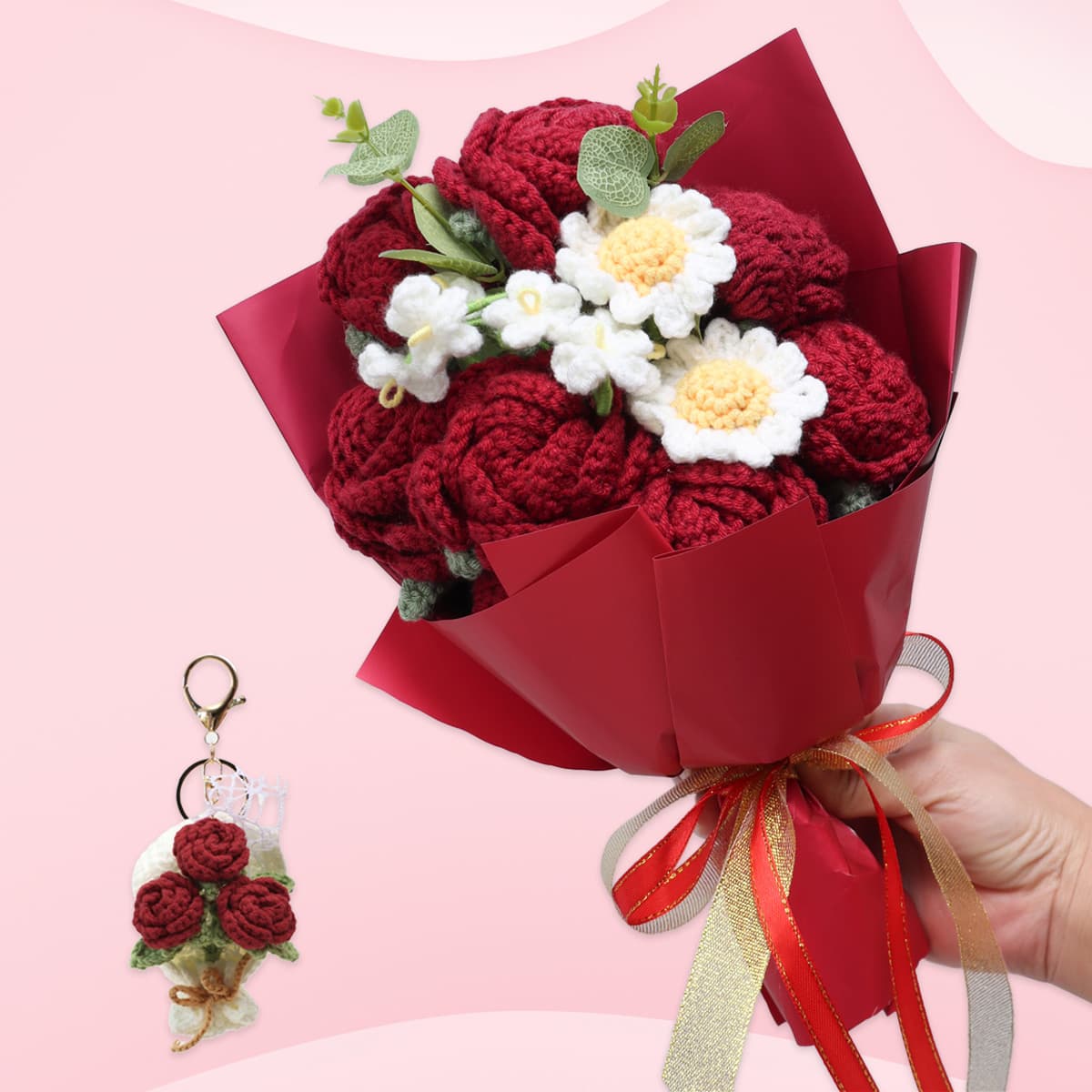 Ramo de flores de ganchillo hecho a mano con llavero a juego