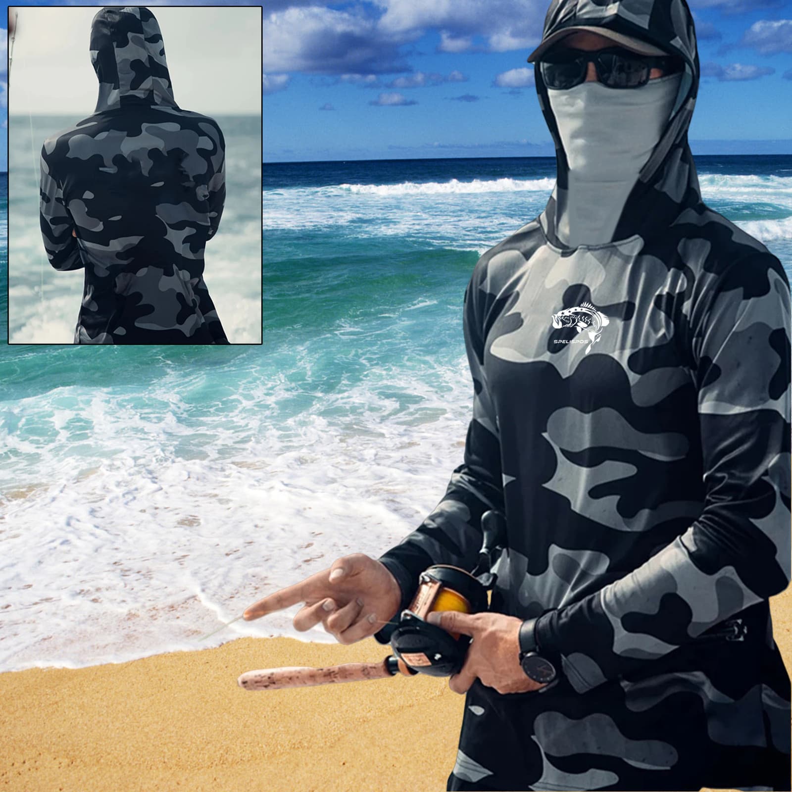 Camiseta de pesca con capucha y protección solar